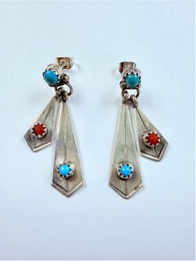 Old Pawn Zuni Turquoise & Coral Snake Eye Double Tear Drop Dangle VTG Earrings